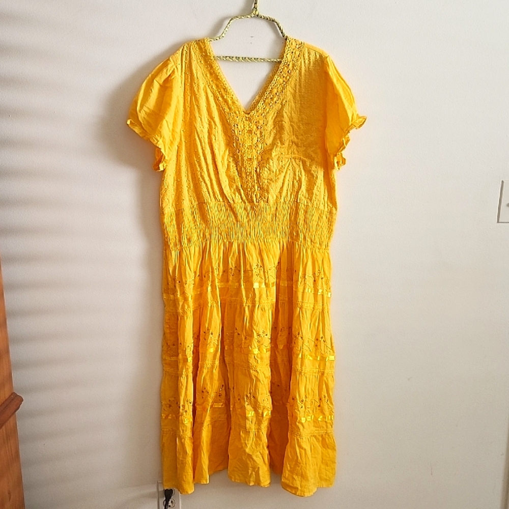 JMD Signature Vintage Yellow Ruched Puff Sleeve Sundress Beaded Crochet Chest